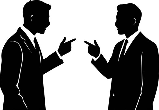 Two professional businessmen in suits pointing fingers at each other in a heated dispute during a difficult office work meeting