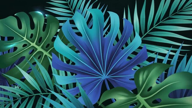 Stylized 3D digital illustration of lush tropical leaves featuring green Monstera deliciosa and blue palm fronds on a dark background. Vibrant exotic jungle foliage concept.