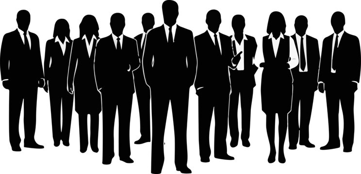 Professional business team wearing formal suits standing together as a cohesive group of corporate leaders in a modern office environment