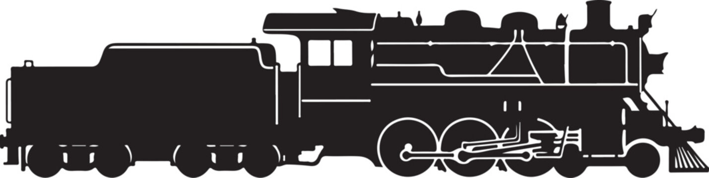 Vintage steam locomotive, black silhouette, train icon, railroad transportation