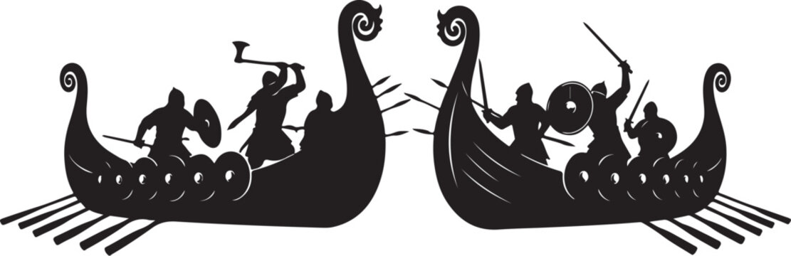 Viking, black silhouette, longboat, warship, ancient Scandinavian, vector icons
