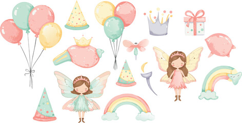Fototapeta premium Whimsical pastel birthday party elements with cartoon girls and decorations