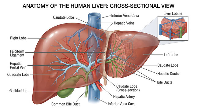 Anatomy of the human liver in cross‑section showing right, left, caudate and quadrate lobes, hepatic veins, portal vein branches, hepatic artery, bile ducts, gallbladder and inset of lobule microanato