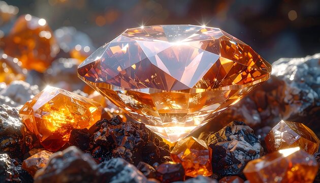 A large, radiant gem sits atop a bed of dark rocks. Smaller, similarly hued stones are scattered about. Sparkling