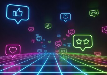 Fototapeta premium Neon social media icons floating above a digital grid in a vibrant retro synthwave style scene