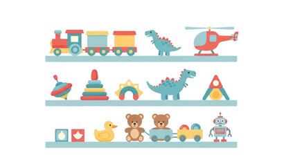 Colorful kids toy shelf vector illustration with train dinosaur helicopter robot duck and teddy bears arranged on three shelves in flat cartoon style isolated on white background © Forhad
