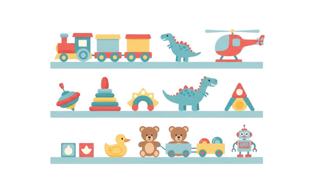 Colorful kids toy shelf vector illustration with train dinosaur helicopter robot duck and teddy bears arranged on three shelves in flat cartoon style isolated on white background
