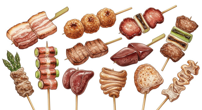 Diverse Japanese yakiton skewers (pork belly, meatballs, bacon-wrapped asparagus) detailed watercolor illustration on transparent background, soft lighting, Japanese culinary art concept