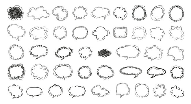 Large set of diverse hand drawn sketchy speech bubbles scribbled shapes and conversational balloons in various styles for graphic design.