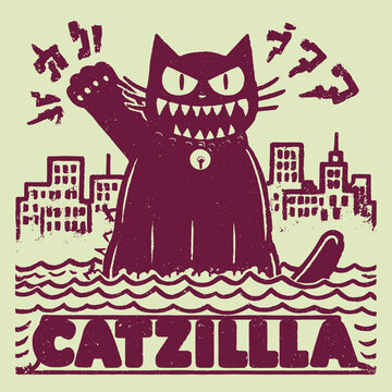 Catzilla rises from the waves in a vintage design, unleashing a funny quote for cat lovers and humor enthusiasts alike