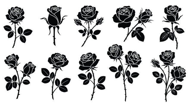 Black silhouette rose icons set with leaves and stems for tattoos and logos.