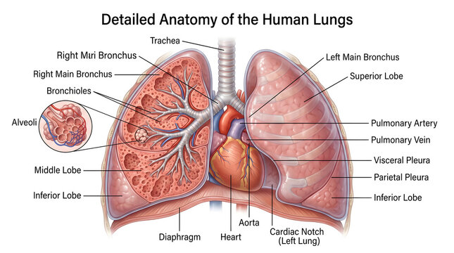 Detailed anatomy of the human lungs and heart showing trachea, right and left main bronchi, lung lobes, bronchioles, pulmonary arteries and veins, pleural membranes, diaphragm and alveolar inset illus