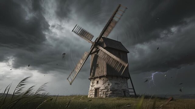 Dramatic Old Windmill Under Stormy Skies with Lightning.