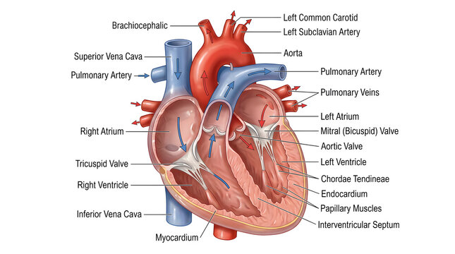 Anterior cutaway view of the human heart labeling chambers, valves, chordae tendineae, papillary muscles, interventricular septum, aorta, pulmonary trunk, brachiocephalic, carotid and subclavian arter