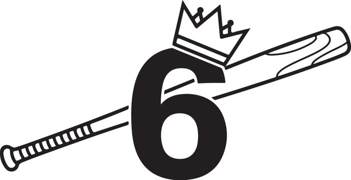 Black vector crowned baseball bat number 6 icon, sports logo, baseball equipment, athletic symbol