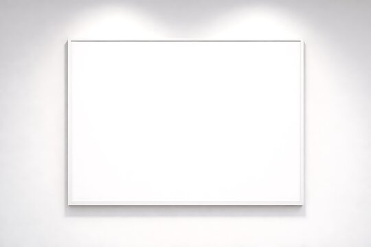 A blank white canvas framed in a thin white border, illuminated by two spotlights on a white wall.