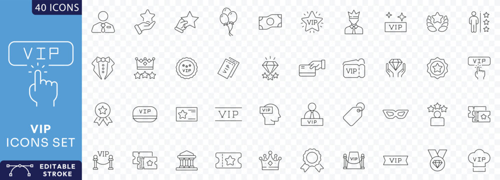 VIP Related Line Editable Icons set. Contain icons related to Special Guests List, VIP Line Etc . Fully Editable. Vector illustration.