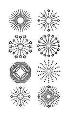Obraz premium Firework icons set. Burst stars symbol. Happy holiday shiny sparks. Line sparkle explosion. Vector illustration. Outline birthday party elements isolated on white background. 