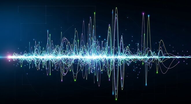 Glowing digital energy wave displays complex fluctuations across a dark background