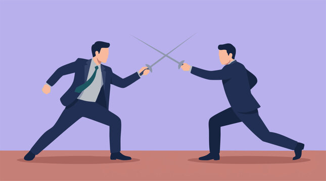 Businessmen in suits fencing, a metaphor for corporate competition