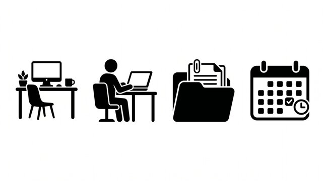 Minimalist Office Work Icons Set &ndash; Desktop Workstation, Person Working Laptop, Folder & Calendar Black Silhouette Vector Pack office icons set, workstation icon, desktop computer icon, laptop working 
