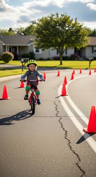 Young child practices riding a bicycle through an obstacle course marked by bright safety cones on a suburban street