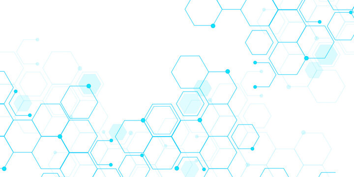 Molecular structure abstract tech background. Geometric blue background. Vector banner design with hexagons. Science network pattern, connecting lines and dots Medical background, Vector illustration.