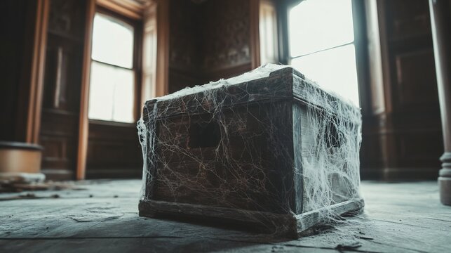 Weathered wooden mystery box covered in spider webs sitting in an abandoned haunted mansion room with creaking floors and ghostly whispers evoking suspense