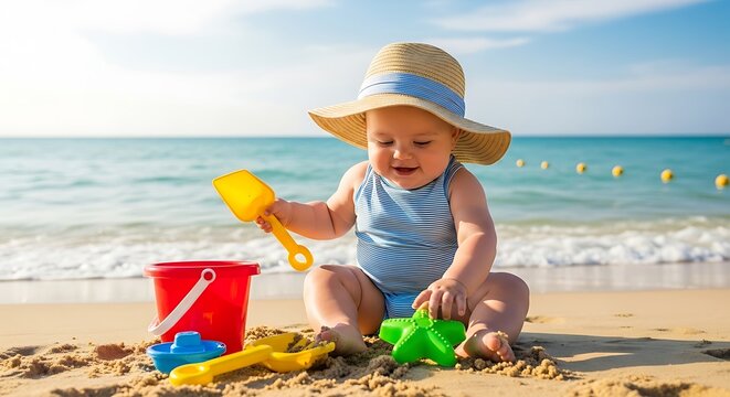 Adorable infant wearing sun protection plays with colorful toys in wet sand near ocean waves