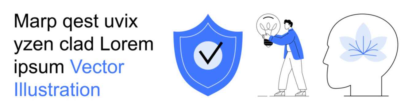 Data security, innovation, mental health, personal growth, idea generation, self-improvement. Shield with checkmark, person with light bulb head with leaf. Data security and innovation concept