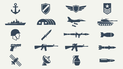 Obraz premium Collection of Military and Defense Force Icons and Weapons