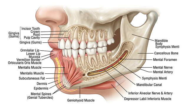 Sagittal view of lower face and mandible illustrating teeth, gingiva, mandibular canal with inferior alveolar nerve and vessels, mental foramen, mental nerve, cancellous and cortical bone, muscles of 