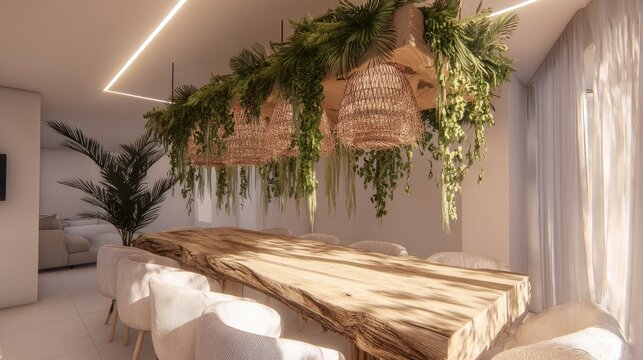 Contemporary dining area features a live edge wooden table beneath hanging greenery and woven light fixtures