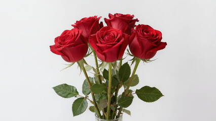 Naklejka premium bouquet of red roses, A stunning bouquet of five deep red roses. The velvety red petals look incredibly vibrant and fresh. Slender green stems and leaves provide a natural contrast.