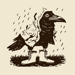 Obraz premium Funny vintage raven in raincoat and boots illustrating a humorous quote on a playful t-shirt print