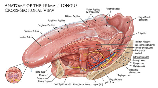 Detailed anatomy of the human tongue in cross‑section labeling papillae, intrinsic and extrinsic muscles, lingual septum, neurovascular bundles, submandibular duct and surrounding mandibular and hyoid