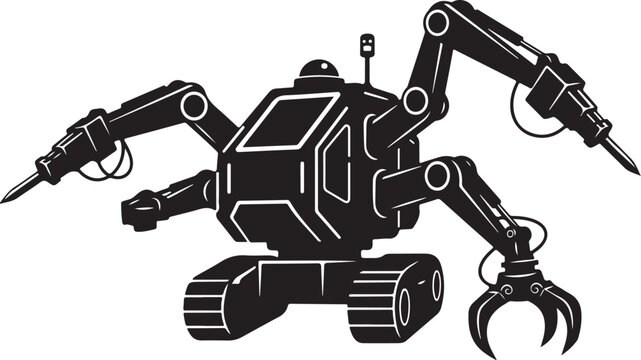 Robotic spider machine, industrial robot, mechanical creature, black vector illustration