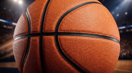 Obraz premium Close-up of basketball with blurred arena in background. Texture and sports detail concept.