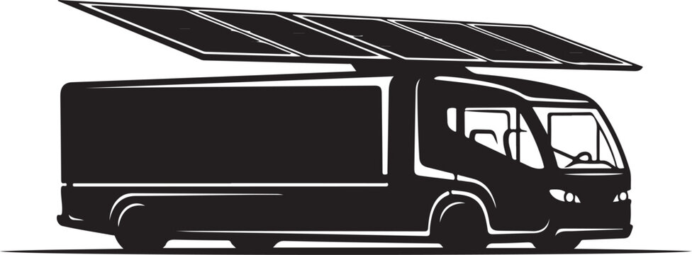 Solar powered delivery truck, eco friendly vehicle, black icon, sustainable transport
