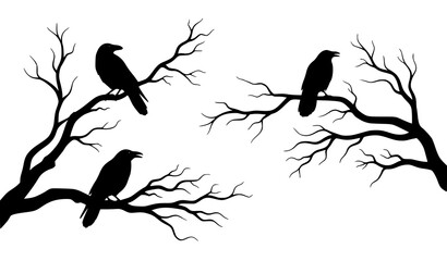 Obraz premium Crow silhouette vector gothic birds on branches dark illustration
