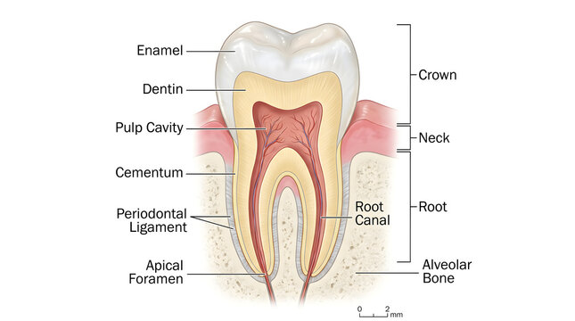 Tooth cross‑section diagram showing crown, neck and root with enamel, dentin, pulp cavity, root canal, cementum, periodontal ligament, apical foramen and surrounding alveolar bone to illustrate intern
