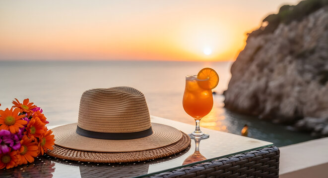 Straw hat and cocktail next to flowers on a table by the sea at sunset