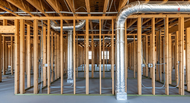 A blurry photo of a room under construction with wooden beams and ductwork