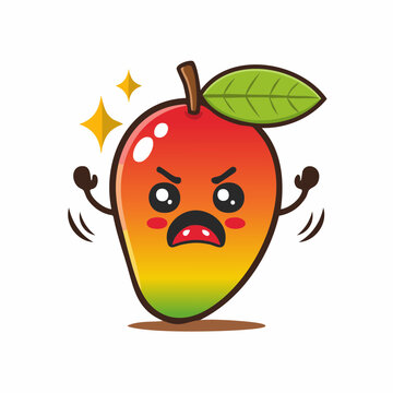 Angry cartoon mango character with sparkling eyes and clenched fists