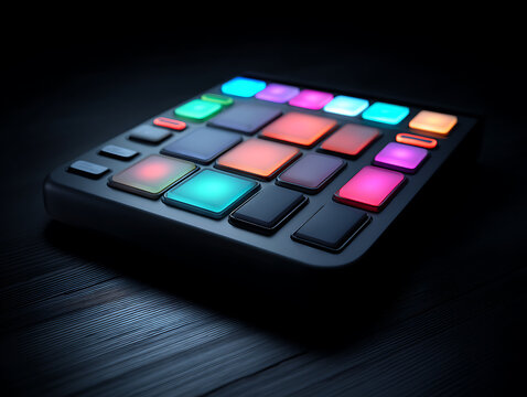Top-down angled shot of a drum pad controller, vibrant backlit squares