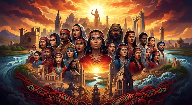 Diverse Group of People Standing Before Ancient Ruins at Sunrise.