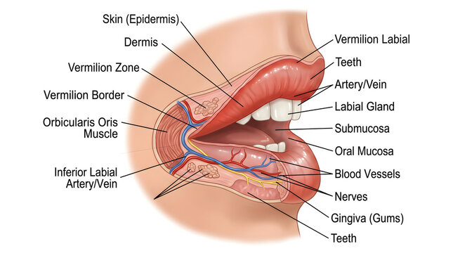 Detailed cross‑section of the human lower lip showing skin, dermis, vermilion zone, orbicularis oris muscle, labial glands, submucosa, labial mucosa, inferior labial artery and vein, nerves, blood ves