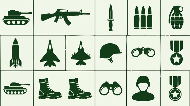 Military equipment and army icons collection including weapons and vehicles