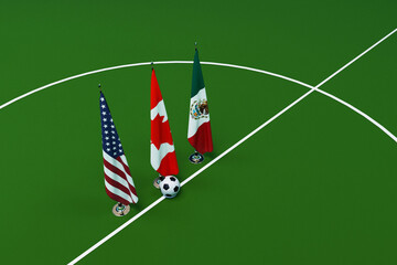 Obraz premium USA, Canada, and Mexico flags with a soccer ball on a green field. 2026 World Cup tournament in American. 