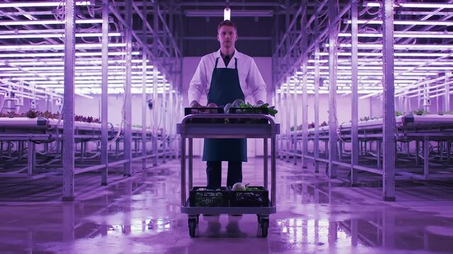 Scientist with cart of produce in violet indoor vertical farm with LED grow lights